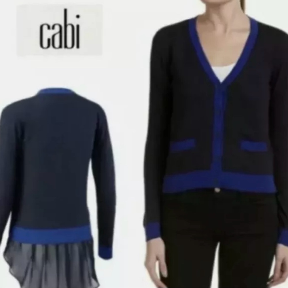 Cabi Sweater Cardigan Womens Medium Navy Blue‎ 5016 Cotton V Neck Sheer Michelle